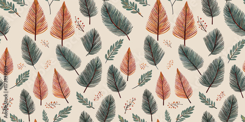 Floral, Leaves, handmade patterns with seamless leaf and flower arrangements in vector repeat, crafted for delightful gift wraps, textiles, and decorative wallpaper.