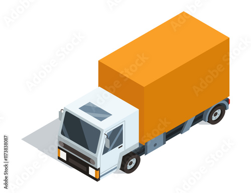 An isometric view of a delivery truck featuring a bright orange cargo box for transporting goods