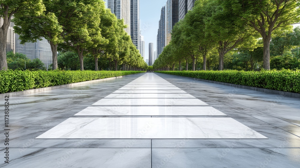Empty square marble floor frames a stunning city skyline in Shenzhen, showcasing modern architecture at sunset with lush greenery Empty square marble floor frames a stunning city skyline in Shenzhen, showcasing modern architecture at sunset with lush greenery