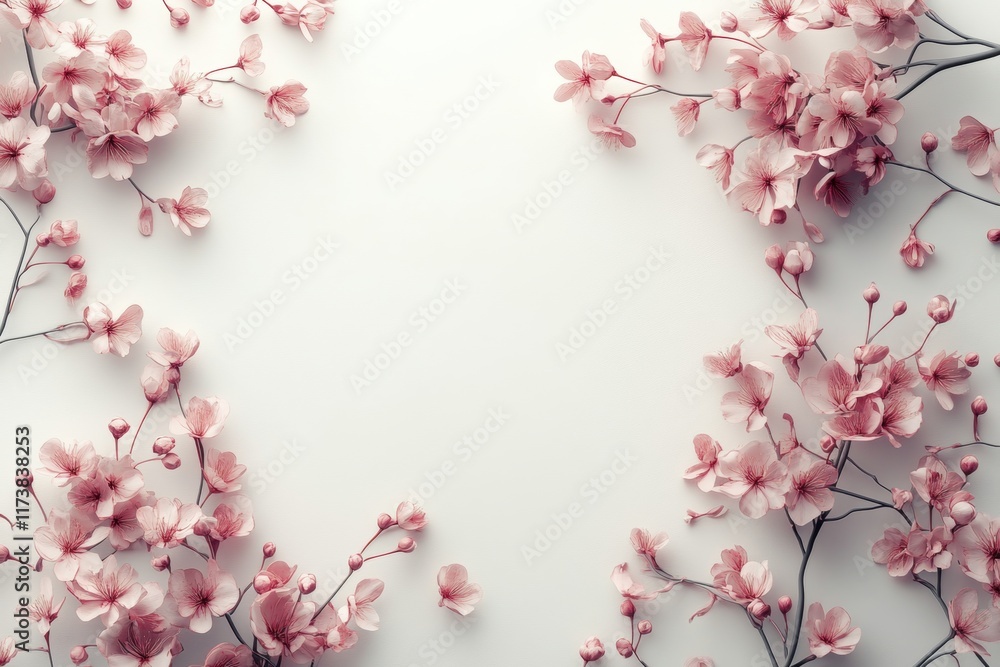 Pink Cherry Blossoms Frame on White Background Pink Cherry Blossoms Frame on White Background
