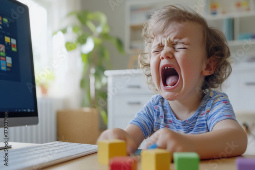 Upset child cries, screams and interferes with parent working on computer at home. Online remote work difficulties, freelancing, small family business, parenting challenges and problems photo