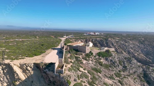 Aerial video of the Cabo de Sao Vicente fort and lighthouse. Algarve, Portugal