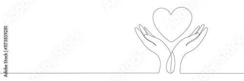 hands with heart one continuous line art style. vector illustration. editable line