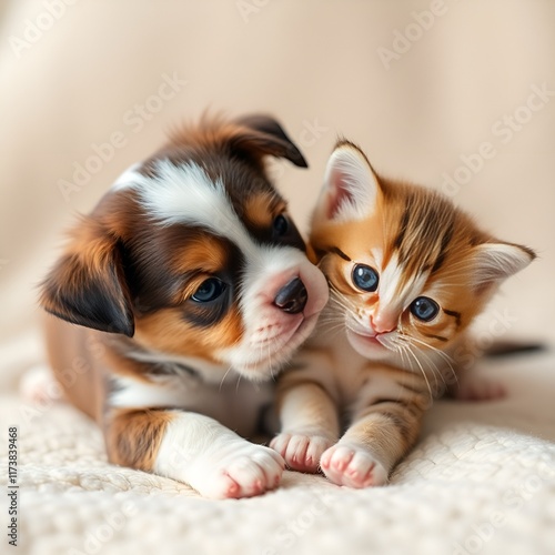 Adorable puppy and kitten snuggling together in a cozy moment, joyful interaction, soft colors, copy space