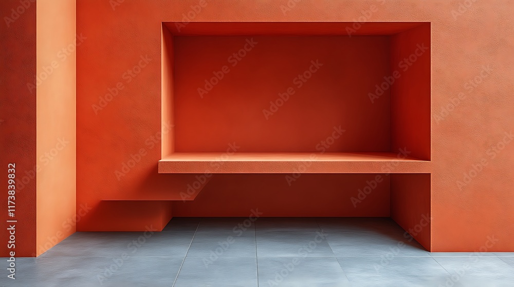 Fototapeta premium Orange wall niche with shelf and gray floor.