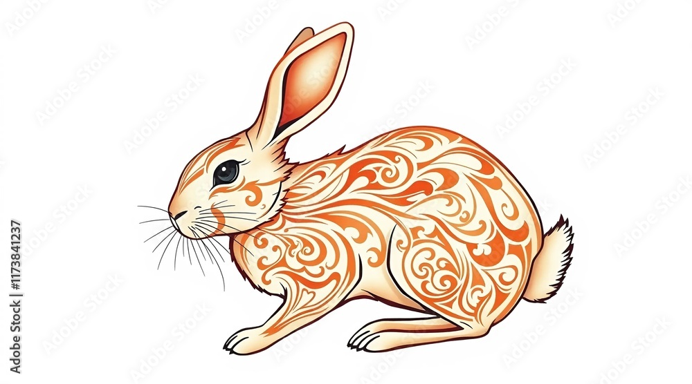 Obraz premium A rabbit with patterned fur is sitting on a white background