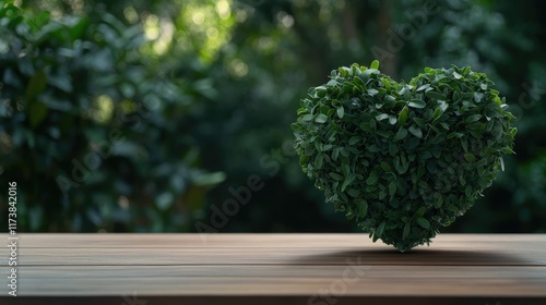 A heart crafted from greenery and recycling symbols rests on a wooden table, conveying themes of environmental protection against a nature backdrop photo