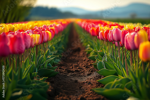 Photo réaliste professionnelle d’un champ de tulipes colorées s’étendant à travers le paysage