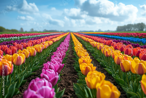 Photo réaliste professionnelle d’un champ de tulipes colorées s’étendant à travers le paysage photo