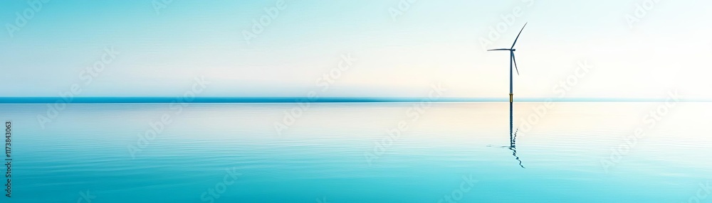 Obraz premium A lone wind turbine reflecting in a crystal-clear lake, minimalist and striking