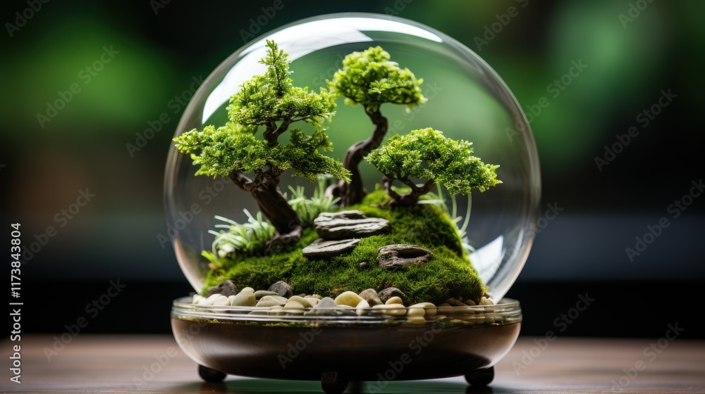 Miniature Zen Garden in Glass Dome: A Serene Bonsai Landscape Miniature Zen Garden in Glass Dome: A Serene Bonsai Landscape