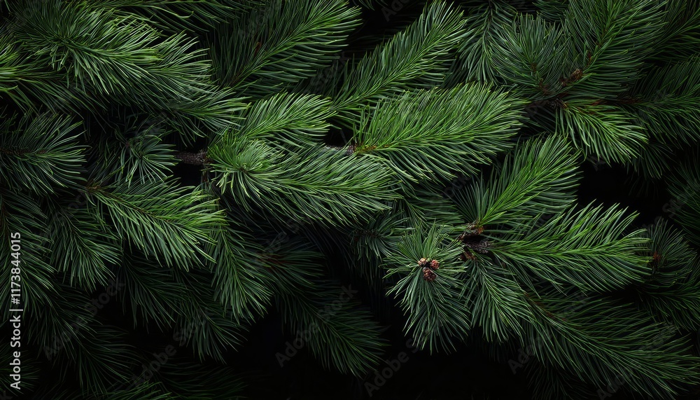 Close-up of green pine tree branches with needle-like leaves against a dark background Close-up of green pine tree branches with needle-like leaves against a dark background