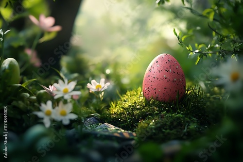 A pink speckled egg nestled in a lush, flower-filled forest setting.