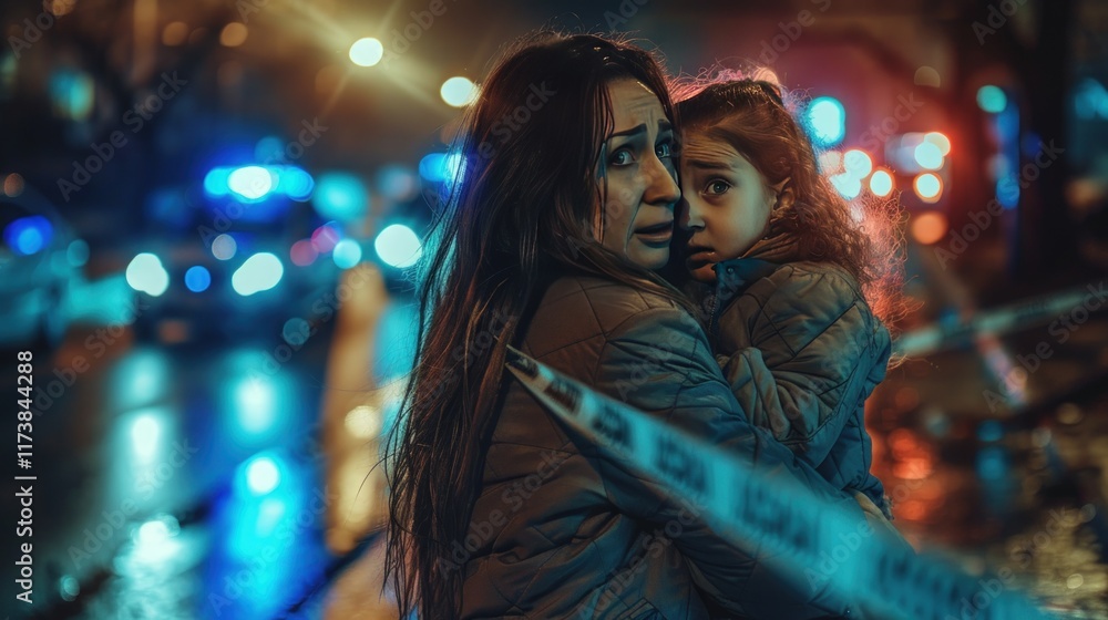 Scared mother and child hugging at night, emergency vehicles in background. Scared mother and child hugging at night, emergency vehicles in background.