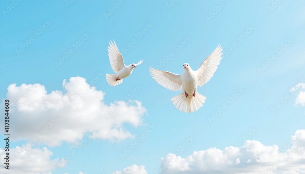 Two white doves flying against a clear blue sky Two white doves flying against a clear blue sky