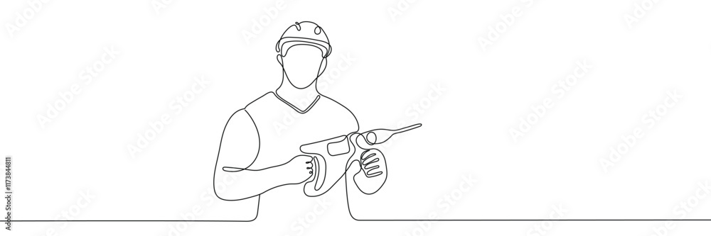 Naklejka premium Worker holding a drill. Editable one continuous line