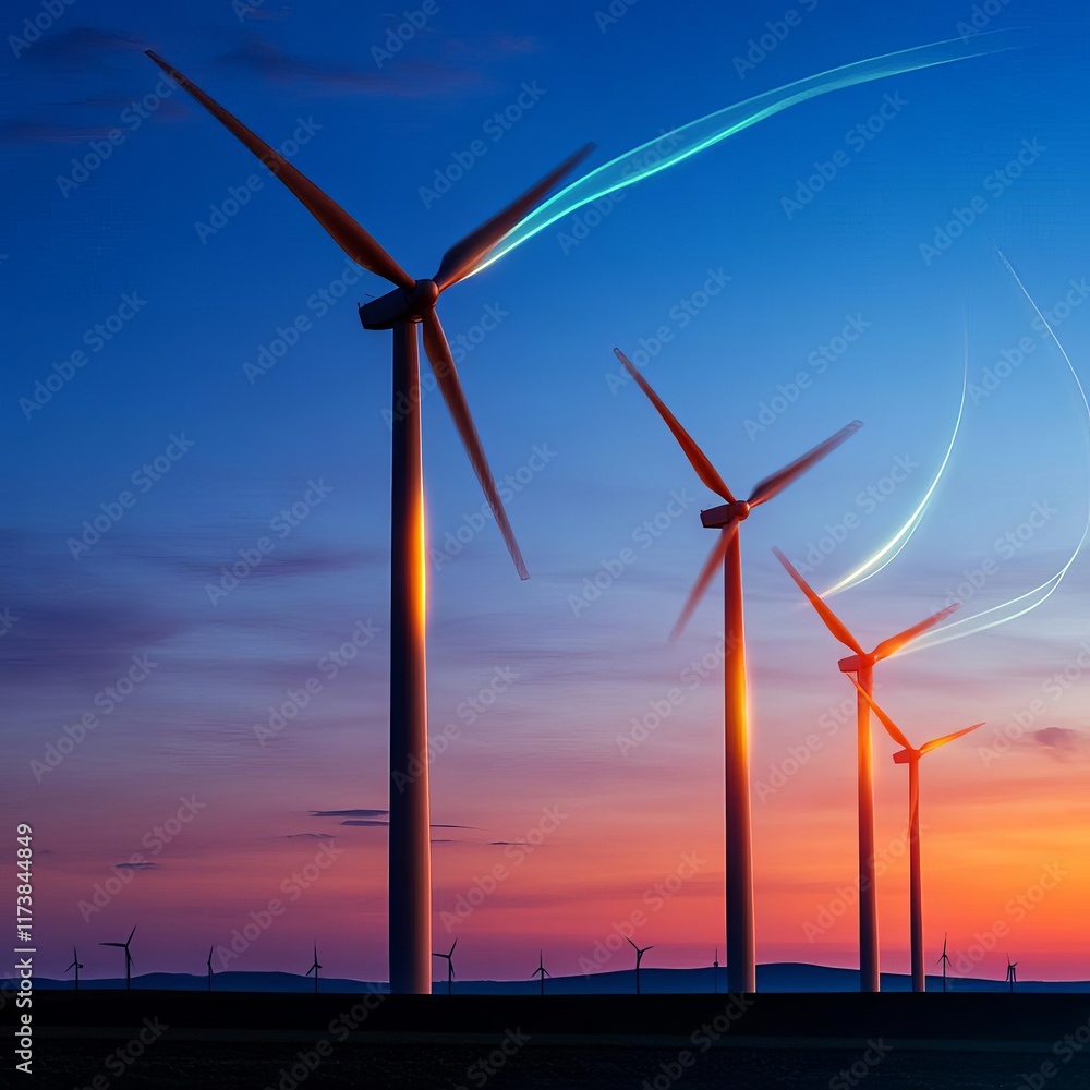 Fototapeta premium Artistic interpretation of wind turbines with glowing trails, energy in motion