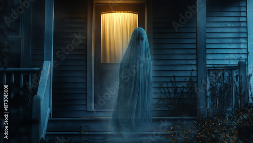 Mysterious figure in ghostly attire stands on porch at night under dim light
