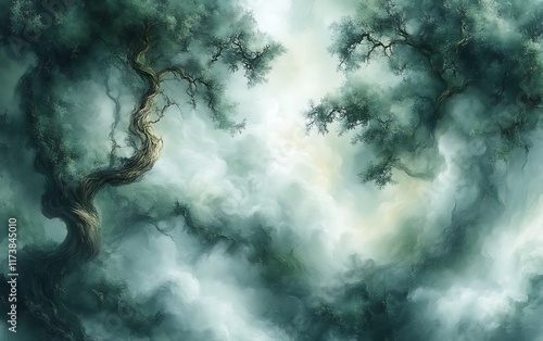 Mystical forest scene with ancient trees in fog.