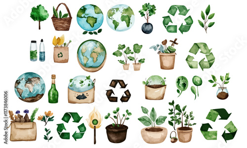 Ecology vector set. plant green energy environmental friendly renewable energy or clean circular energy concept. sustainable energy sources.