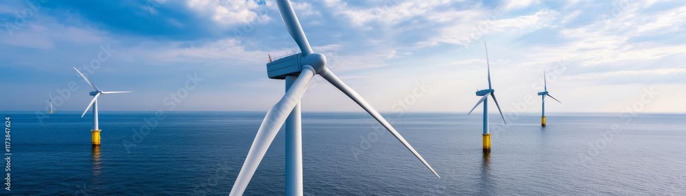 Offshore wind turbines in calm waters, industrial harmony with nature Offshore wind turbines in calm waters, industrial harmony with nature
