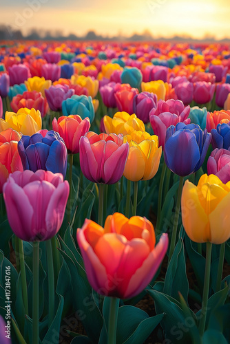 Photo réaliste professionnelle d’un patchwork de tulipes en fleurs de couleurs vibrantes photo