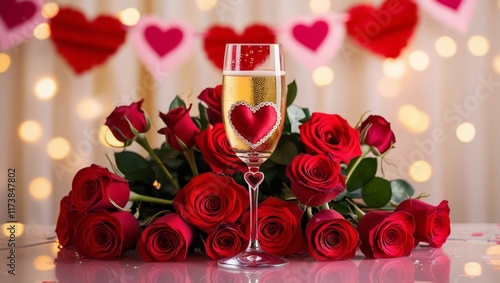 Champagne and roses. Valentine's Day Banner with Elegant Red Hearts. Valentine's Day Banner. Greeting card, Valentine's Day invitation.