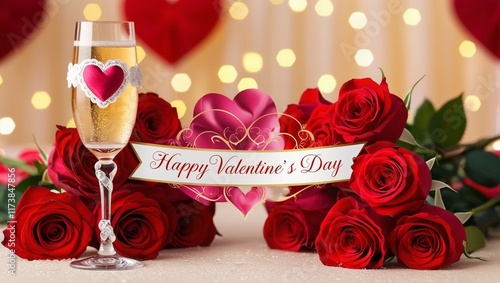 Red rose and champagne. Valentine's Day Celebration Banner with Hearts and Glitter. Valentine's Day Banner. Greeting card, Valentine's Day invitation.