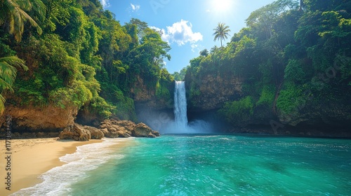 Fototapeta Naklejka Na Ścianę i Meble -  A serene tropical waterfall cascading into a turquoise lagoon surrounded by lush greenery.