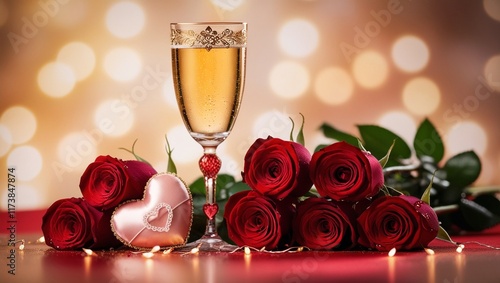 Champagne and roses. Valentine's Day Celebration Banner with Hearts and Glitter. Valentine's Day Banner. Greeting card, Valentine's Day invitation.