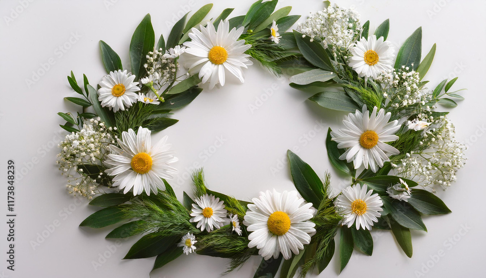 Fototapeta premium a white flower wreath with green leaves and daisies