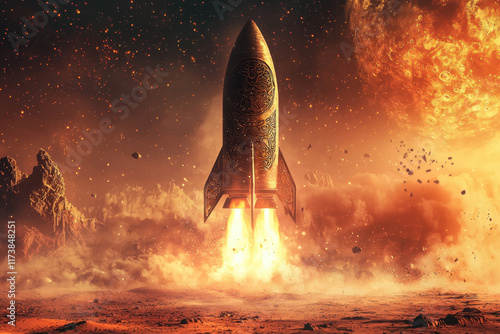 Golden spacecraft ascending through a vibrant alien sky with glowing flames