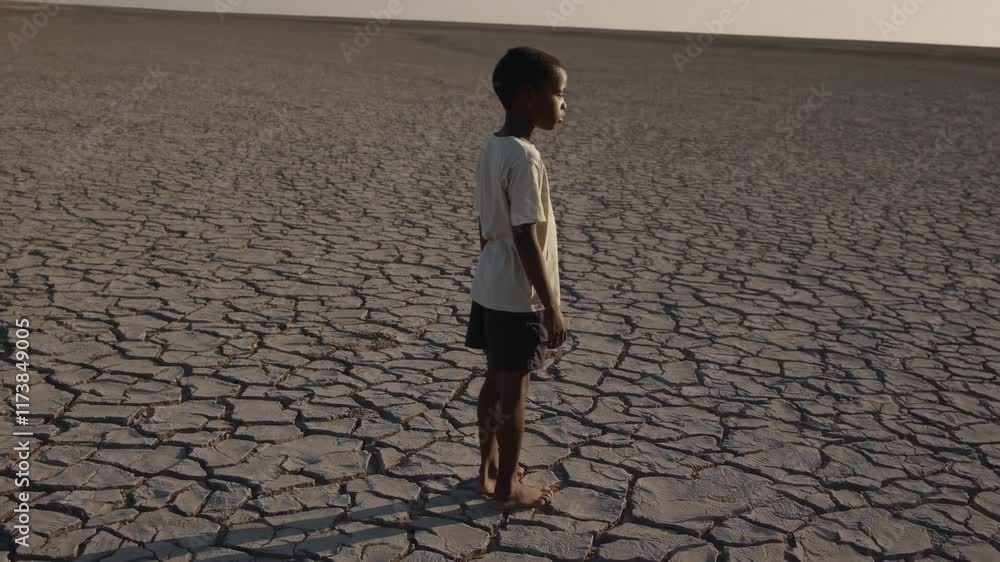 Child standing alone on cracked dry earth in vast arid landscape during sunset, symbolizing drought and resilience Child standing alone on cracked dry earth in vast arid landscape during sunset, symbolizing drought and resilience