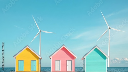 Tiny houses powered by nearby wind turbines, eco-village living photo