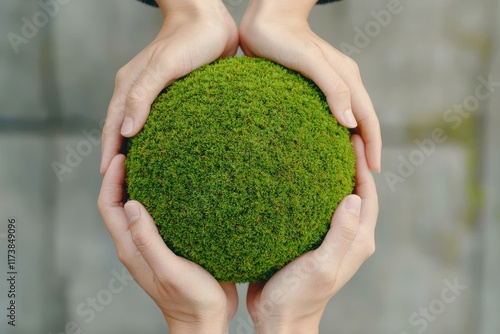 Hands Holding a Green Moss Ball Symbolizing Nature Conservation, Eco-Friendly Living, and Sustainable Practices for a Greener Future photo