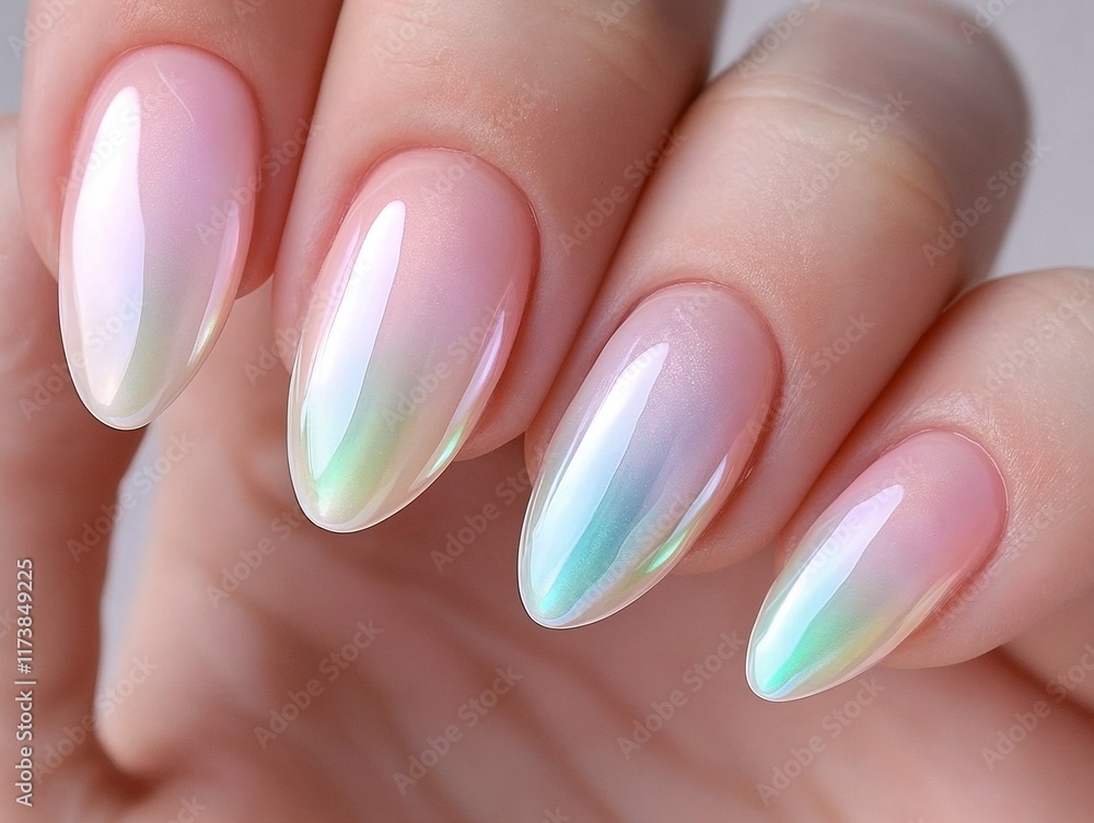 Glossy pastel ombre nails with iridescent finish. Glossy pastel ombre nails with iridescent finish.
