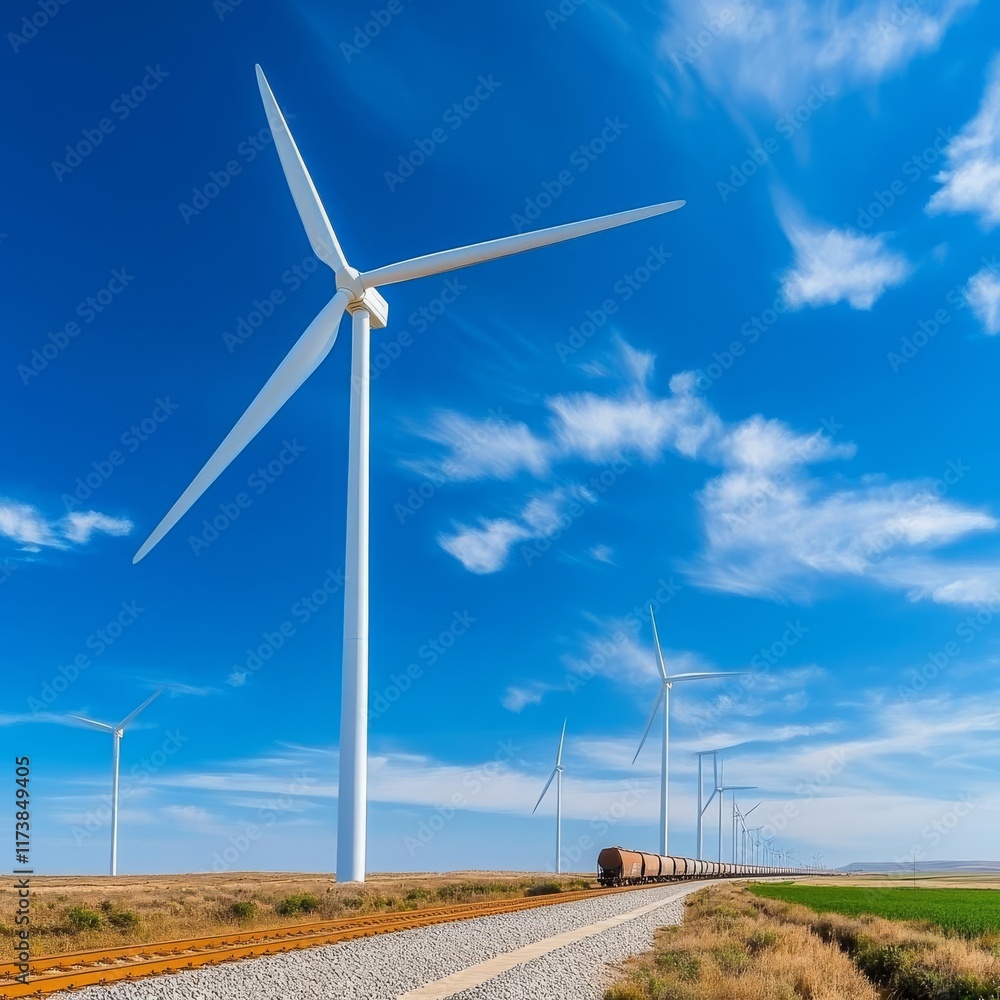 Fototapeta premium Wind turbines alongside a scenic train route, eco-tourism