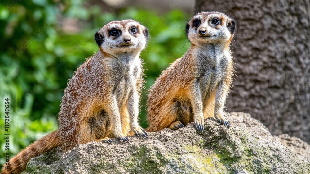 Fototapeta premium Alert Meerkats on Rocky Outcrop in Soft Lighting