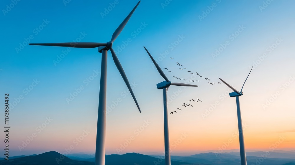 Wind turbines and migrating birds, symbolizing coexistence with nature Wind turbines and migrating birds, symbolizing coexistence with nature