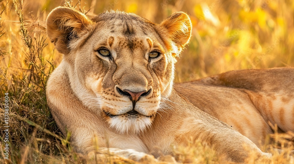 Fototapeta premium Lioness resting in the golden African savanna.