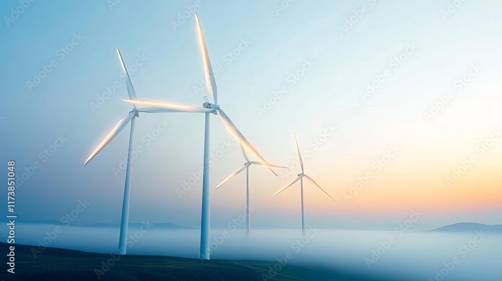 Fototapeta premium Wind turbines glowing softly in a foggy evening, ethereal energy