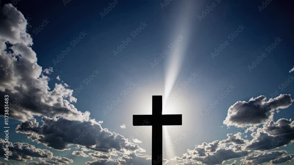 Silhouetted cross against a bright sky with clouds at sunset in a rural area Silhouetted cross against a bright sky with clouds at sunset in a rural area