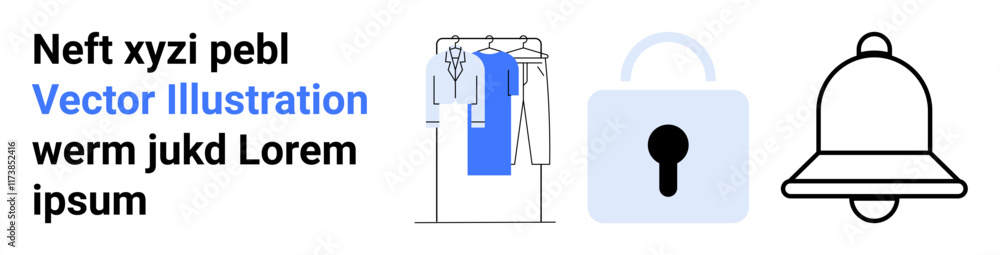 Clothes rack with garments next to a padlock and a bell, accompanied by placeholder text. Ideal for security, notifications, fashion, privacy, alerts, messaging marketing. Landing page Clothes rack with garments next to a padlock and a bell, accompanied by placeholder text. Ideal for security, notifications, fashion, privacy, alerts, messaging marketing. Landing page