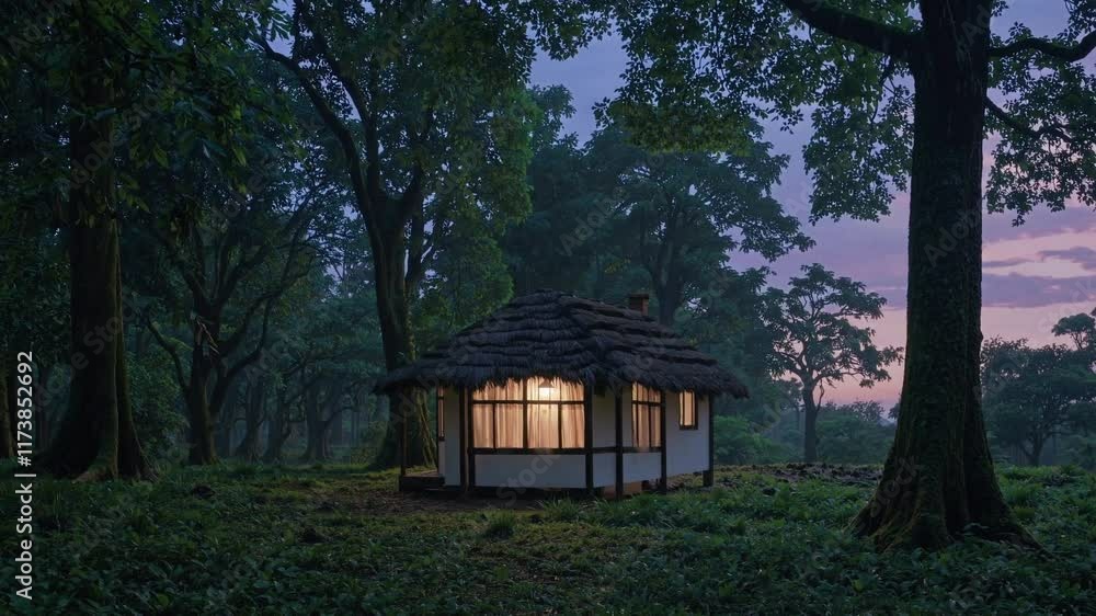 Cozy cabin nestled in a serene forest setting during twilight hours with warm light glowing from windows Cozy cabin nestled in a serene forest setting during twilight hours with warm light glowing from windows