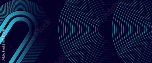 Futuristic abstract dark blue horizontal banner background. Glowing blue circle lines design. Swirl circular lines element. Future concept.