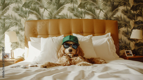 Adorable Dogs Lounging on a Bed Wearing Sunglasses and a Hat, Capturing a Playful and Relaxed Vacation Vibe in a Stylish Bedroom Setting photo