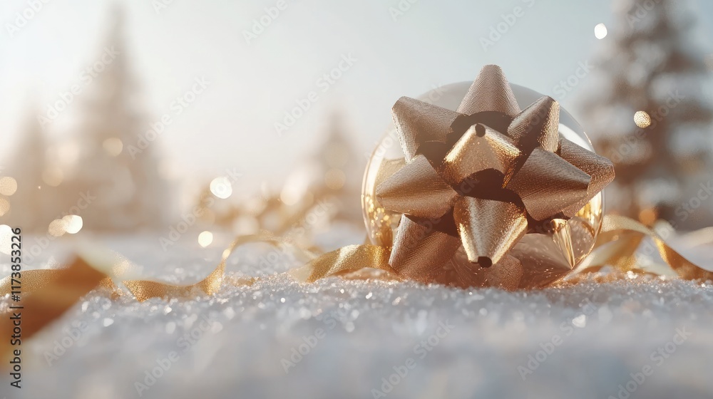 A silver Christmas bauble with a gold bow and ribbon lies on the snow. Christmas trees are blurred in the background. Ideal for holiday cards or website banners. A silver Christmas bauble with a gold bow and ribbon lies on the snow. Christmas trees are blurred in the background. Ideal for holiday cards or website banners.
