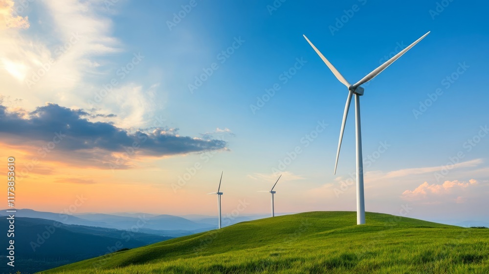 Wind turbines on rolling green hills, vibrant sunset, renewable energy concept Wind turbines on rolling green hills, vibrant sunset, renewable energy concept