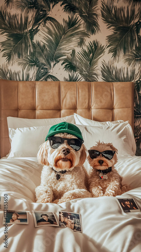 Adorable Dogs Lounging on a Bed Wearing Sunglasses and a Hat, Capturing a Playful and Relaxed Vacation Vibe in a Stylish Bedroom Setting photo