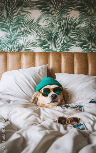 Adorable Dogs Lounging on a Bed Wearing Sunglasses and a Hat, Capturing a Playful and Relaxed Vacation Vibe in a Stylish Bedroom Setting photo